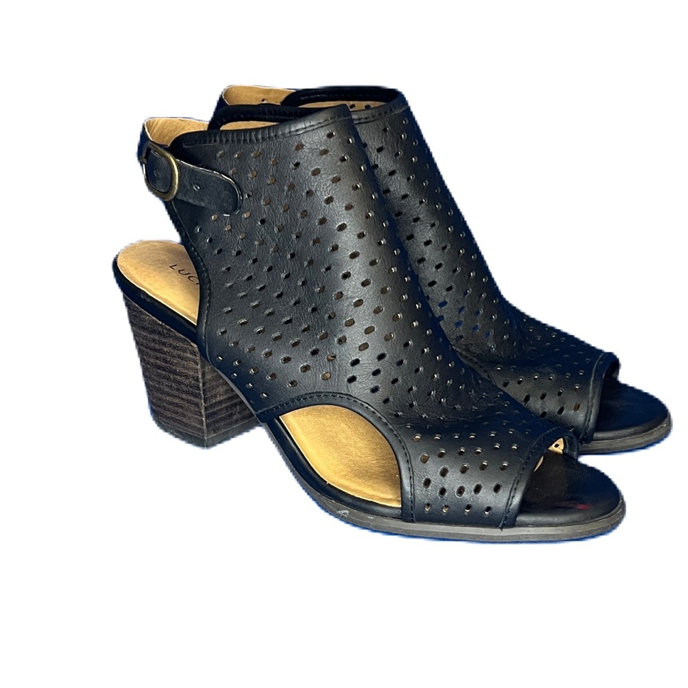 Lucky Brand Halona Women's Black Leather Perforated Peep Toe Booties